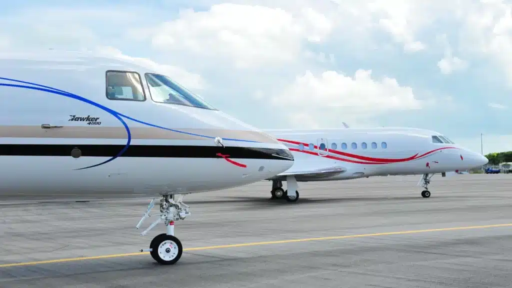 Front of Hawker 4000 and Dassault Falcon 2000LX business jets