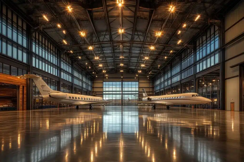 Private jets in a hangar