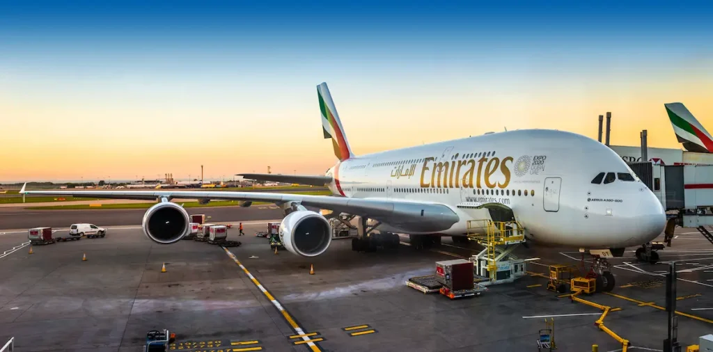 Emirates Airbus A380 at London Heathrow's Terminal 3